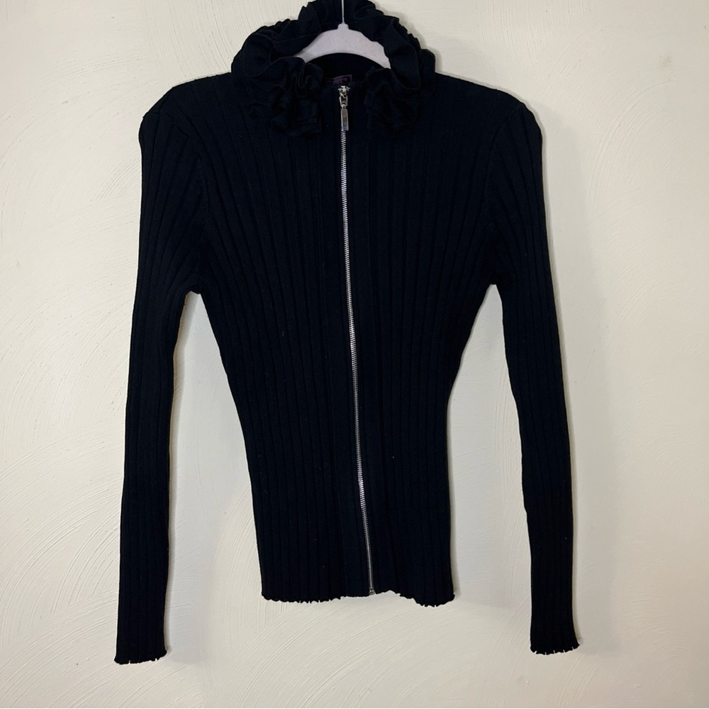 Black Ruffled‎ Women's Fitted Ribbed Cardigan Sweater